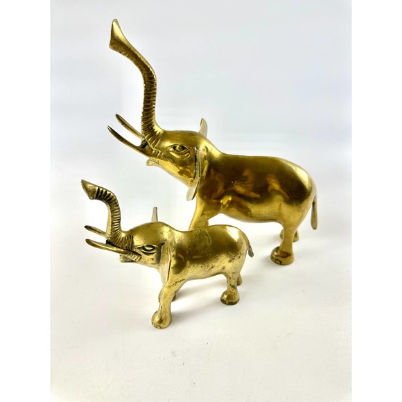 Vintage Solid Brass Elephant Statues Figurines Adult And Baby Trunk Up Good Luck - Picture 4 of 15